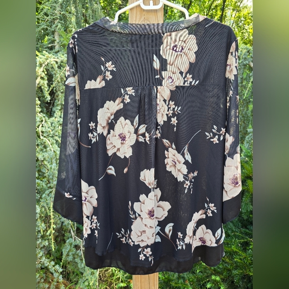 Floral Black Women's Top Sheer Sleeves Plus Size 1 - Picture 6 of 8